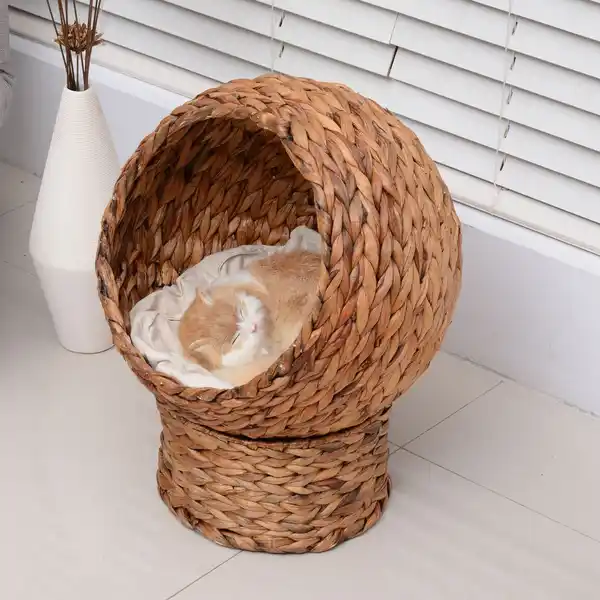 Bild 2 von Rattan Katzenkorb Katzenhöhle Katzenbett mit Kissen Hellbraun