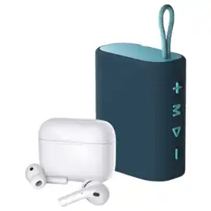 In-Ear-Kopfhörer und Bluetooth Speaker, blau