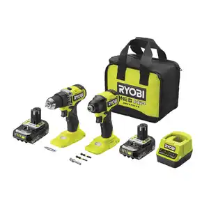 Ryobi Akku-Maschinen-Set 'ONE+ HP Brushless RCK182A-2C20S' 18 V Akku-Bohrschrauber und Schlagbohrschrauber inkl. Akkus, Ladegerät, Werkzeugtasche