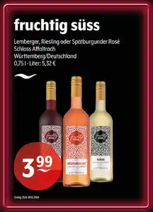 fruchtig süss Lemberger, Riesling oder Spätburgunder Rosé Schloss Affaltrach Württemberg/Deutschland