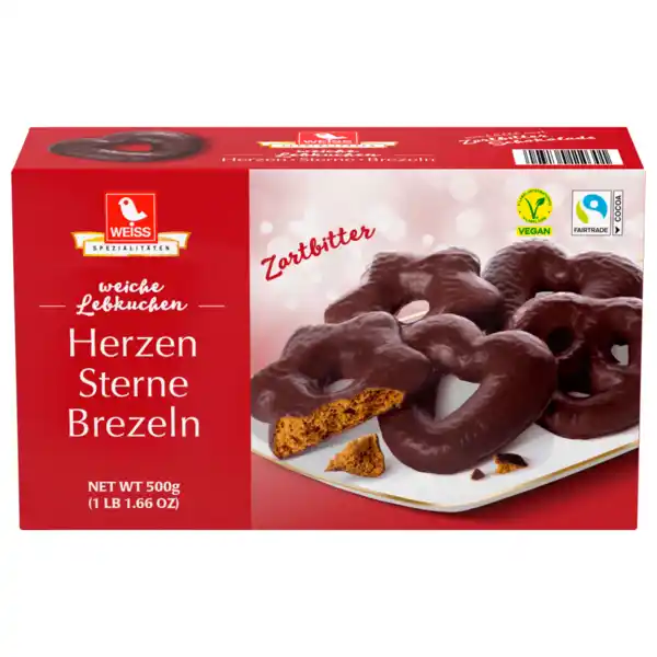 Bild 1 von Weiss Lebkuchen Herzen Sterne Brezeln Zartbitter vegan 500g