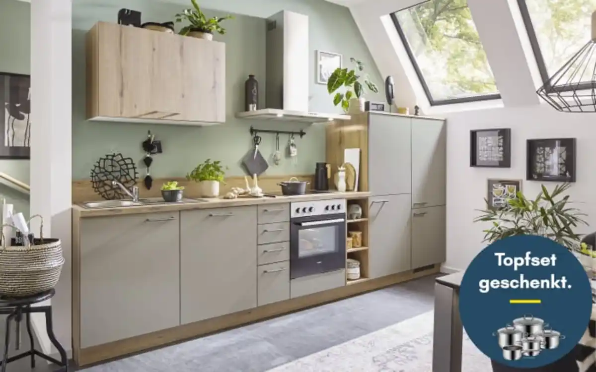 Bild 1 von Einbauküche Clean/Plan, creme/Eiche astig Nachbildung, inkl. Elektrogeräte