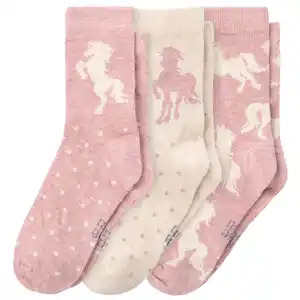 3 Paar Mädchen Socken mit Einhorn-Motiven HELLROSA / CREMEWEISS