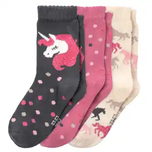 3 Paar Mädchen Socken mit Einhorn-Motiven BEIGE / PINK / DUNKELGRAU