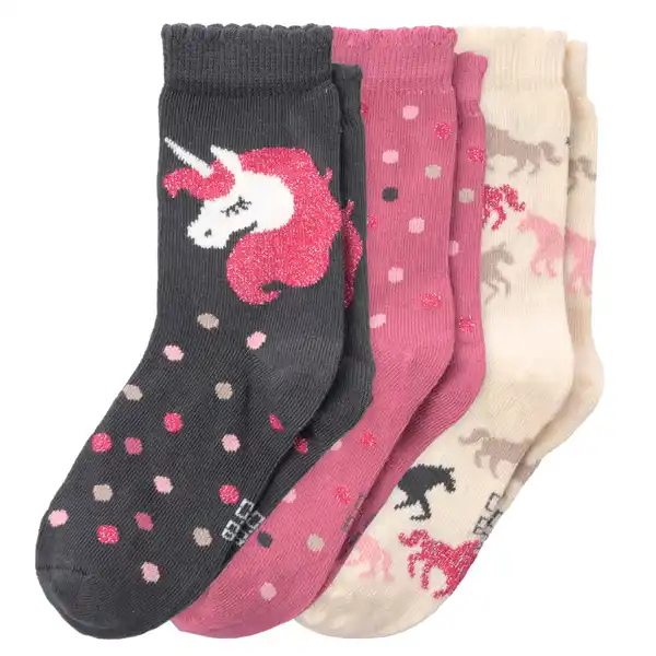 Bild 1 von 3 Paar Mädchen Socken mit Einhorn-Motiven BEIGE / PINK / DUNKELGRAU