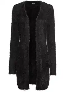 Longstrickjacke in Flauschoptik, 32/34, Schwarz