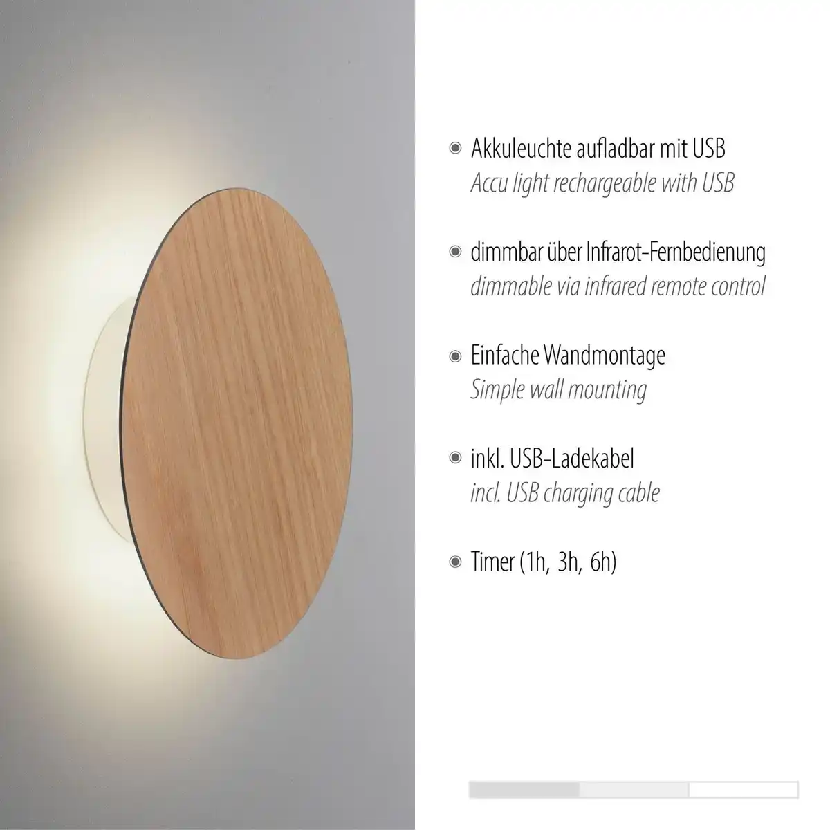 Bild 4 von LED Wandleuchte AKKU PUNTUA, Akkubetrieb, Klettverschluss, Holz-natur