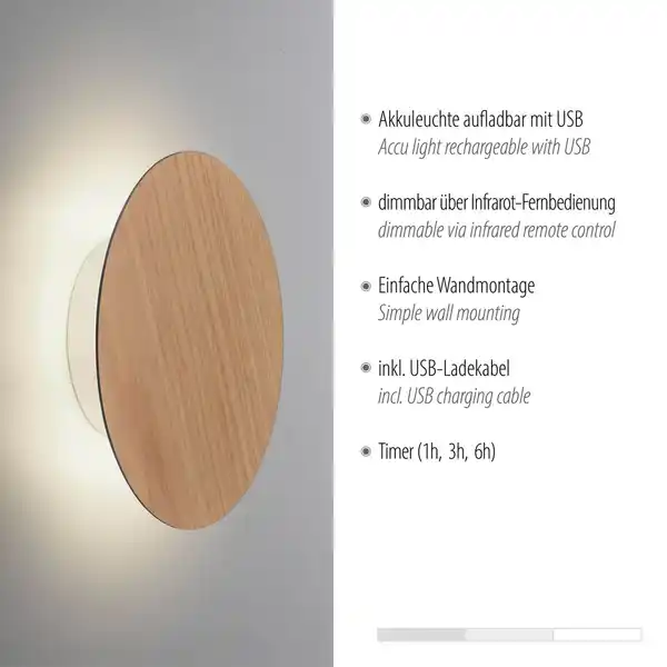 Bild 4 von LED Wandleuchte AKKU PUNTUA, Akkubetrieb, Klettverschluss, Holz-natur