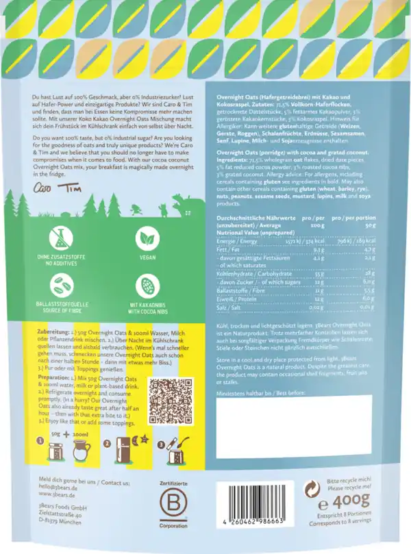 Bild 2 von 3Bears Overnight Oats Koko Kakao, 400 g