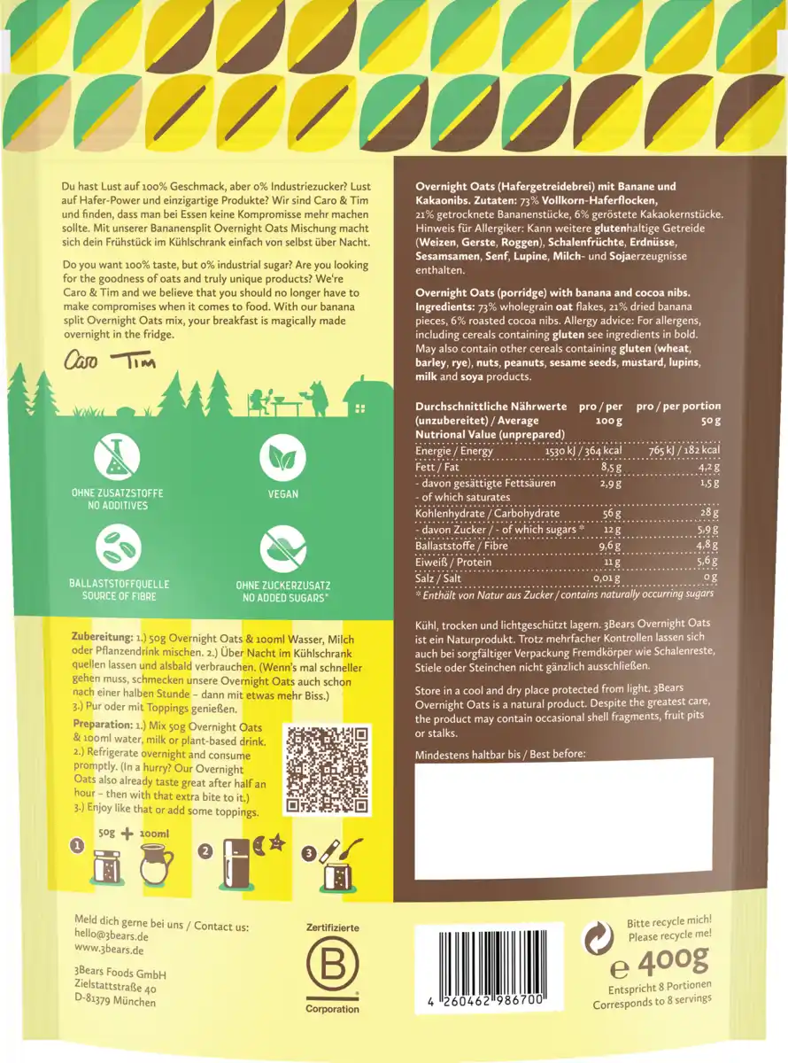 Bild 2 von 3Bears Overnight Oats Banana Split, 400 g