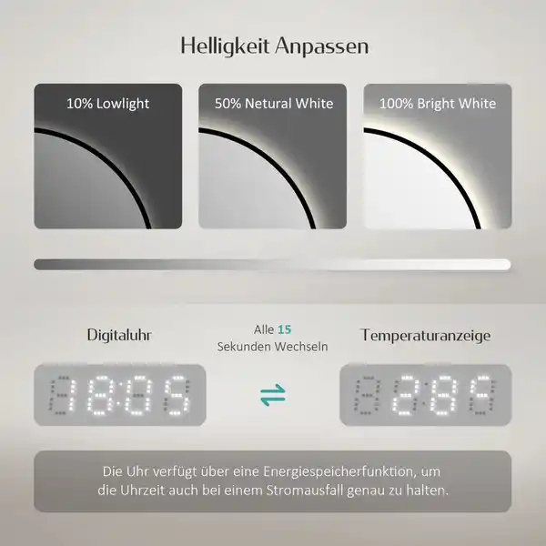 Bild 3 von Emke Rund LED Badspiegel 60 cm Spiegel mit Beleuchtung Schwarzer Antibeschlage Uhr Temperatur Dimmbar Neutrales Licht