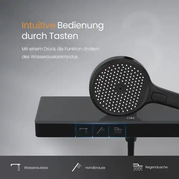 Bild 4 von Emke Duschsystem mit Thermostat Mattschwarz Regendusche 3 Wasserstrahlarten Handbrause und Regendusche