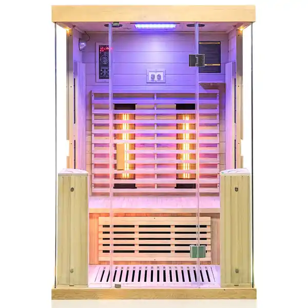 Bild 3 von Dewello Infrarotkabine Sauna Kingston 130cm x 105cm 2 Personen Vollspektrum & Karbonstrahler Hemlock Tannenholz