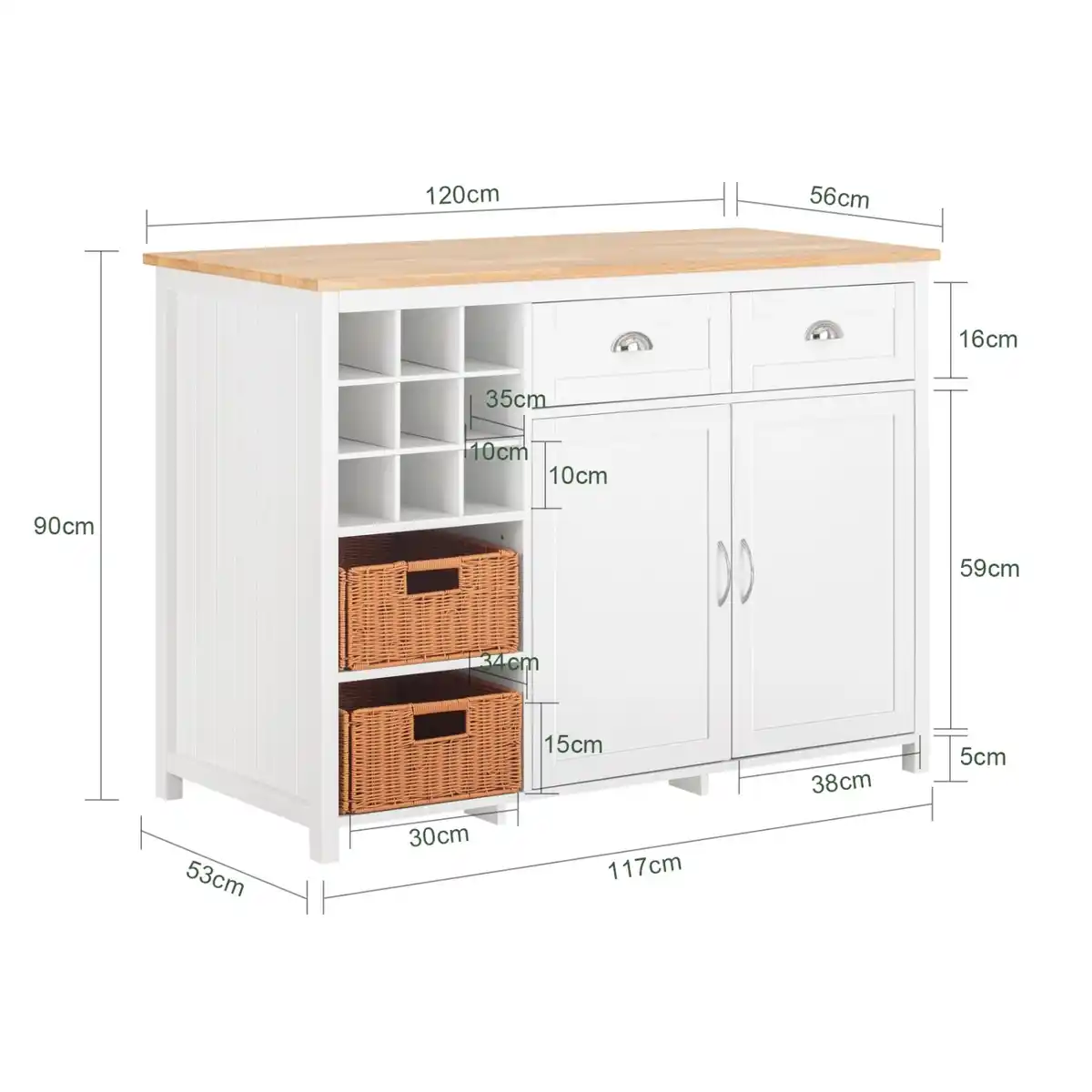 Bild 3 von SoBuy Kücheninsel mit 2 Rattankörben Küchenschrank Sideboard Buffet KNL05-W
