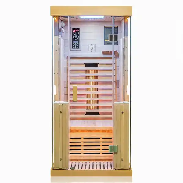 Bild 1 von Dewello Infrarotkabine Sauna Kingston 90cm x 90cm 1 Person Vollspektrum & Karbonstrahler Hemlock Tannenholz