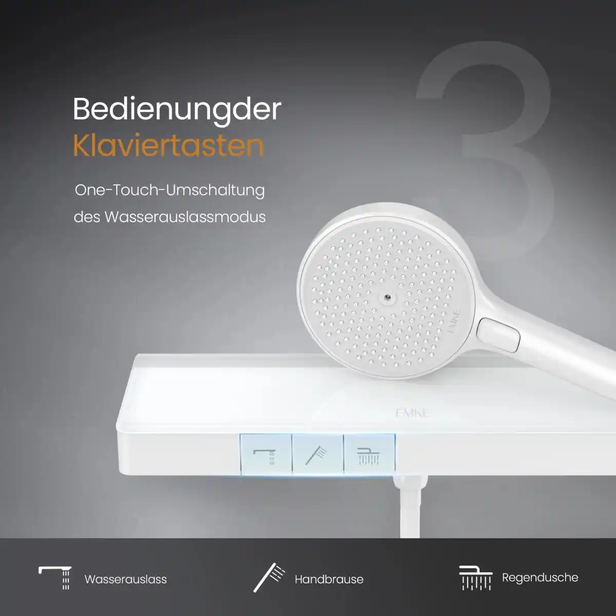 Bild 3 von Emke Duschsystem mit Thermostat Glasablage Duscharmatur mit Handbrause 3 Strahlarten Brausesets Weiß