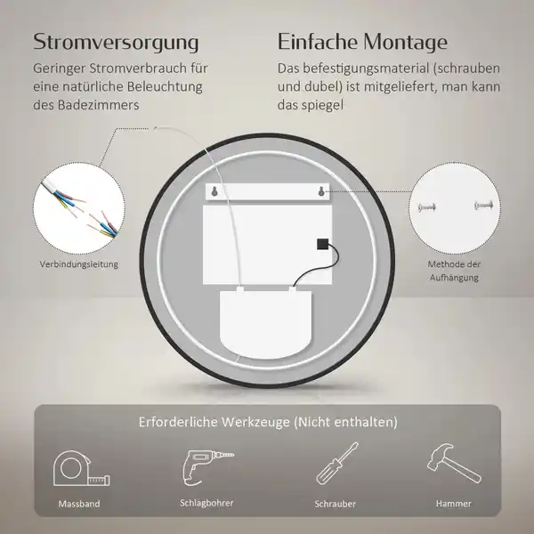 Bild 3 von Emke Rund LED Badspiegel 80 cm Spiegel mit Beleuchtung Schwarzer Antibeschlage Uhr Temperatur Dimmbar Neutrales Licht