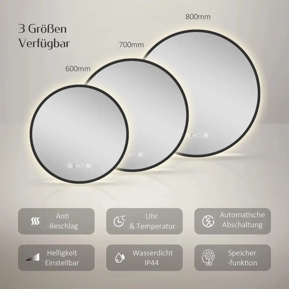 Bild 2 von Emke Rund LED Badspiegel 80 cm Spiegel mit Beleuchtung Schwarzer Antibeschlage Uhr Temperatur Dimmbar Neutrales Licht