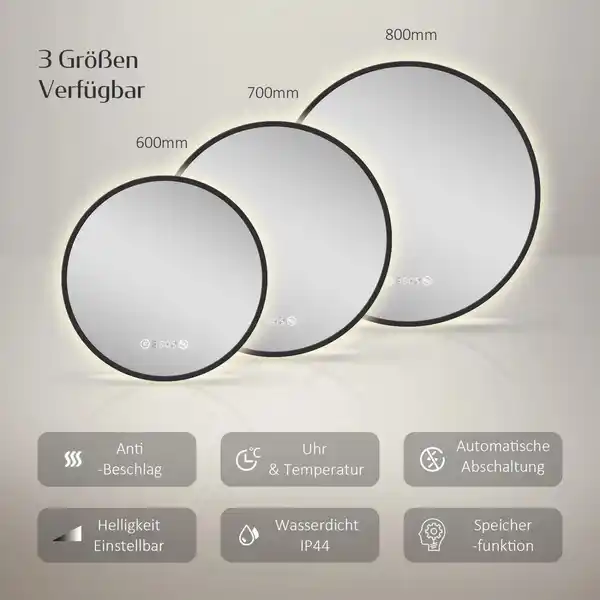 Bild 2 von Emke Rund LED Badspiegel 80 cm Spiegel mit Beleuchtung Schwarzer Antibeschlage Uhr Temperatur Dimmbar Neutrales Licht