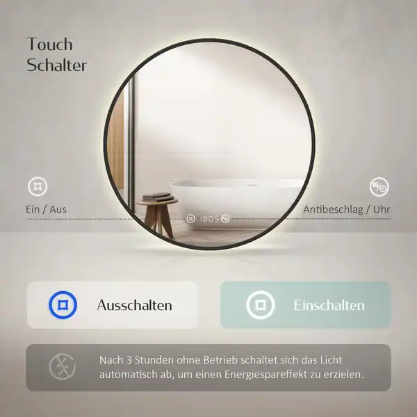 Bild 4 von Emke Rund LED Badspiegel 60 cm Spiegel mit Beleuchtung Schwarzer Antibeschlage Uhr Temperatur Dimmbar Neutrales Licht