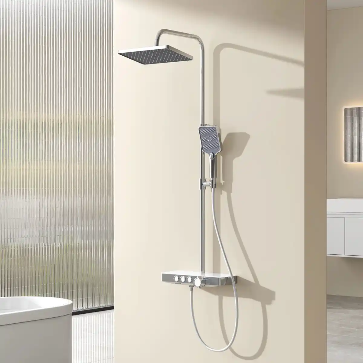 Bild 4 von Emke Duschsystem mit Thermostat Glasablage Handbrause 3 Strahlarten Regendusche Chrom