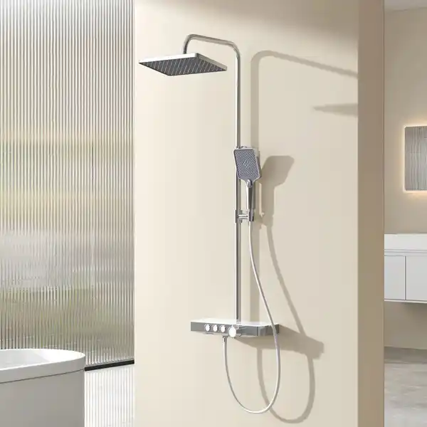 Bild 4 von Emke Duschsystem mit Thermostat Glasablage Handbrause 3 Strahlarten Regendusche Chrom