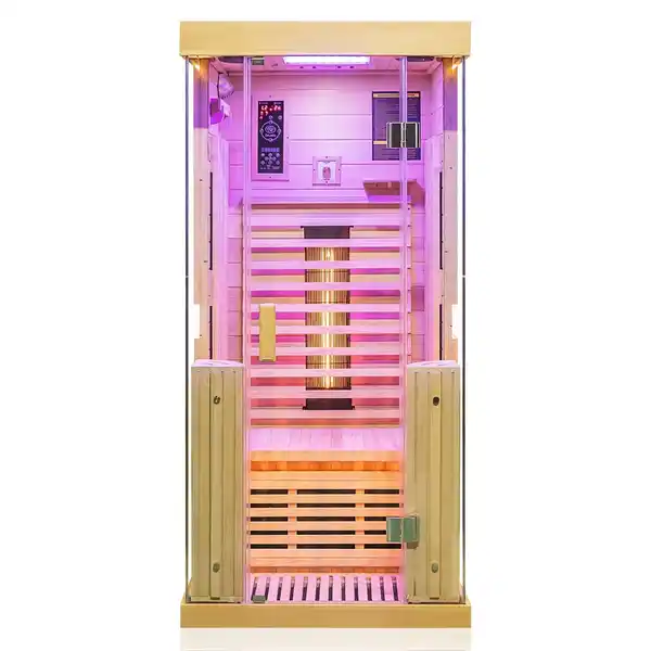 Bild 3 von Dewello Infrarotkabine Sauna Kingston 90cm x 90cm 1 Person Vollspektrum & Karbonstrahler Hemlock Tannenholz