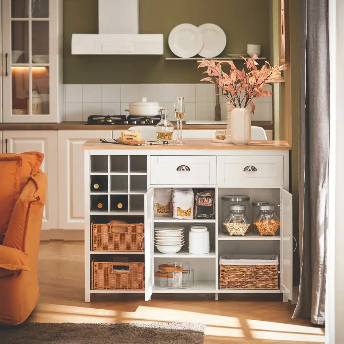 Bild 4 von SoBuy Kücheninsel mit 2 Rattankörben Küchenschrank Sideboard Buffet KNL05-W
