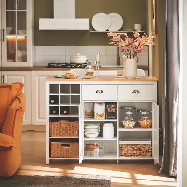 Bild 4 von SoBuy Kücheninsel mit 2 Rattankörben Küchenschrank Sideboard Buffet KNL05-W