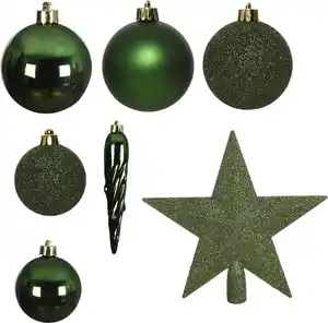 Decoris Weihnachtskugeln mit Christbaumspitze Stern, 33er Set, bruchsicher, piniengrün