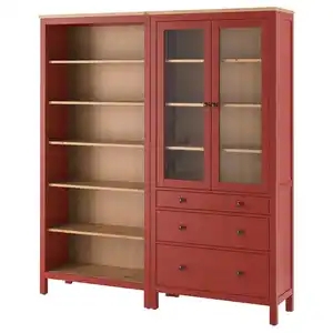 HEMNES Aufbewkomb.+Türen/Schubladen, rot las./hellbraun lasiert 180x197 cm