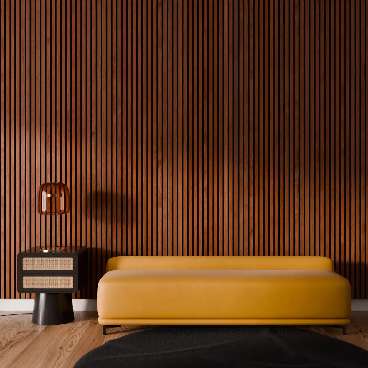 Bild 3 von Akustikpaneel Wandverkleidung Walnuss Geölt MDF und Akustikfilz Schwarz 240 cm