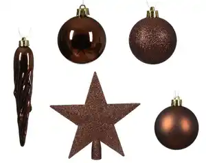 Decoris Weihnachtskugeln mit Christbaumspitze Stern, 33er Set, bruchsicher, espressobraun