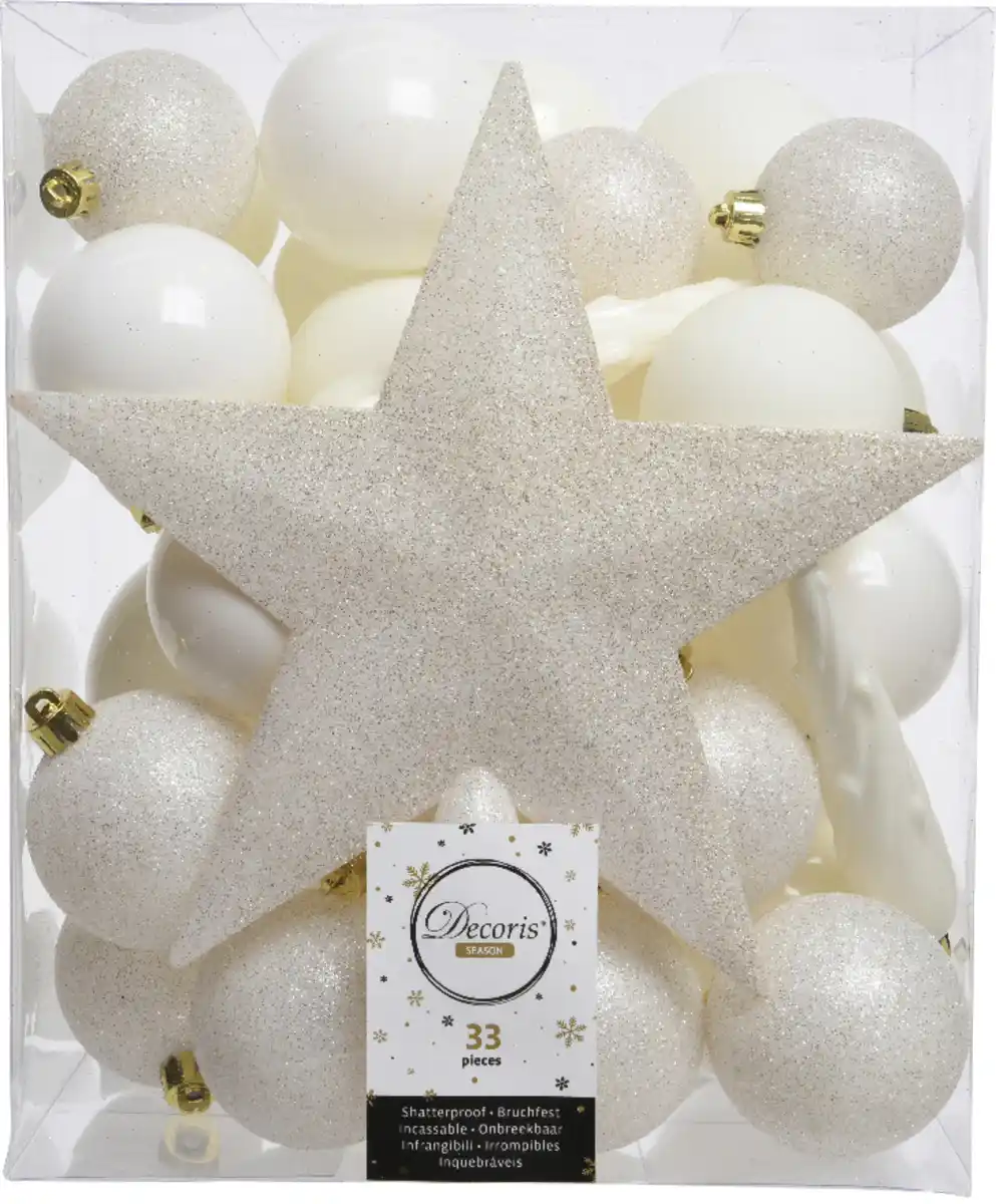 Bild 1 von Kaemingk Weihnachtskugeln bruchfest, langlebig, wollweiß 33 Kugeln + Stern