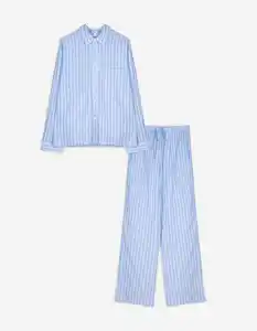 Damen Pyjama Set aus Langarmshirt und Hose  - Streifen - blau