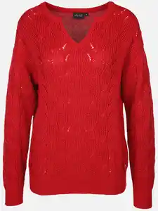 Damen Ajour Pullover mit V-Ausschnitt Rot