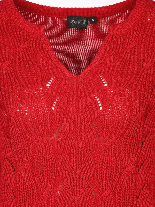 Bild 3 von Damen Ajour Pullover mit V-Ausschnitt Rot