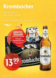 Krombacher Pils oder Radler verschiedene SortenGratiszugabe beim Kauf eines Kastens: 1 Sixpack Krombacher Pils zzgl. Pfand, nur solange der Vorrat reicht