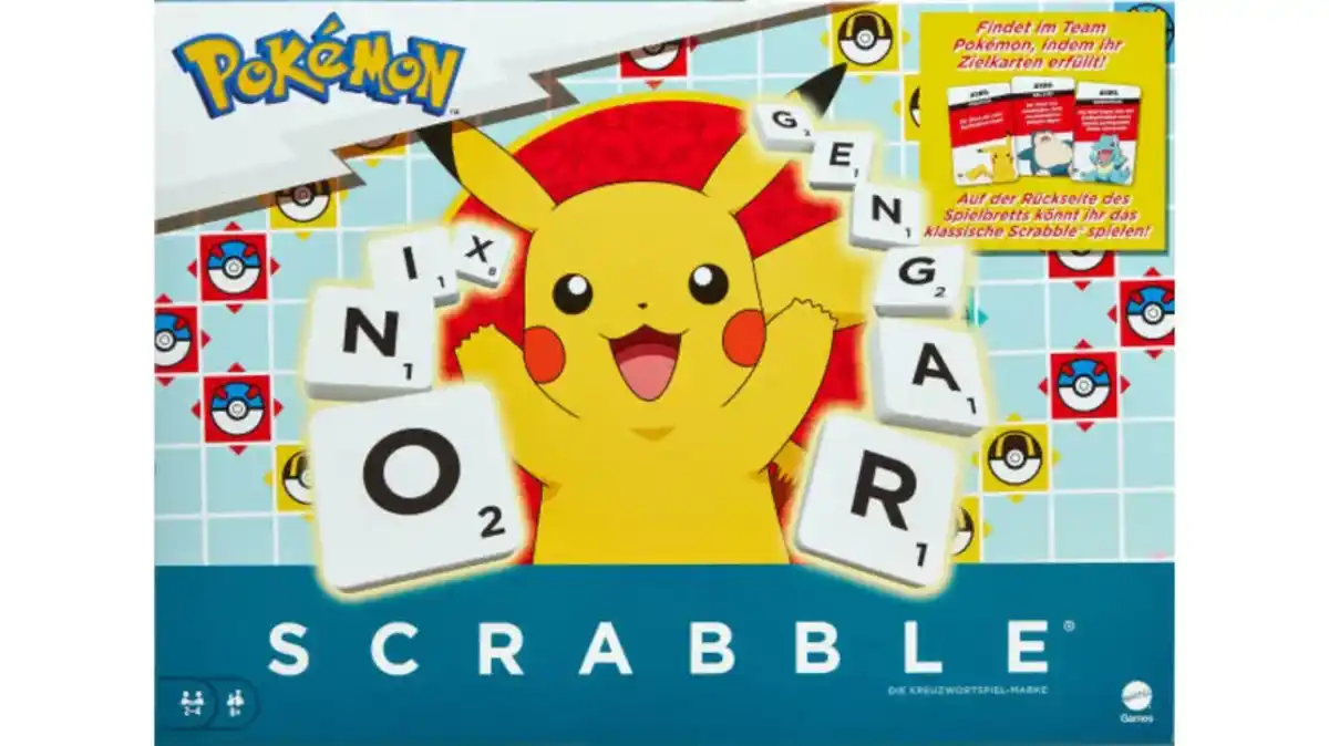 Bild 1 von Scrabble Pokémon-Brettspiel, klassisches Familienwortspiel mit zwei Spielmöglichkeiten für 24 Spieler, deutsche Ausgabe