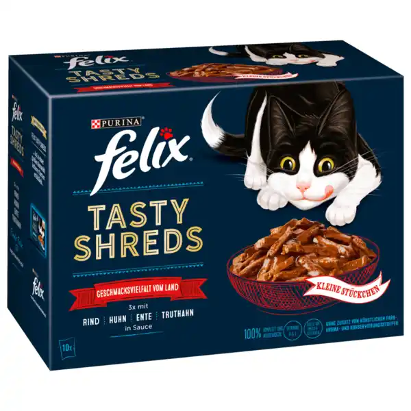 Bild 1 von Purina Felix Tasty Shreds Geschmacksvielfalt vom Land in Sauce 10x80g