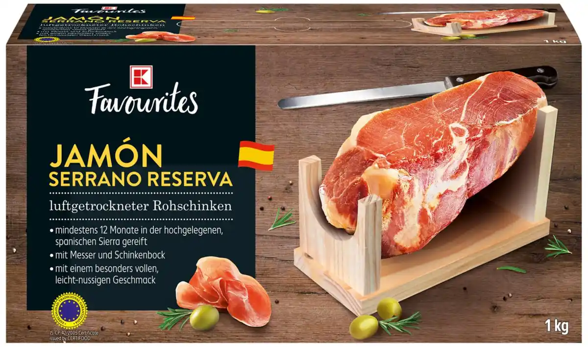Bild 1 von K-FAVOURITES Jamón Serrano Reserva am Stück, mit Bock, 1-kg-Stück