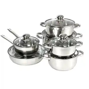 Edelstahl-Kochtopf-Set 12-teilig 6 Edelstahl-Kochtöpfe inklusive Glasdeckeln mit Dampfauslässen und Aluminium-Böden.