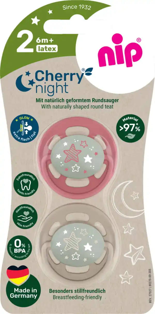 Bild 1 von nip Cherry® Night Greenline Schnuller Gr. 2 (ab 6+ Monaten); Rot/Braun