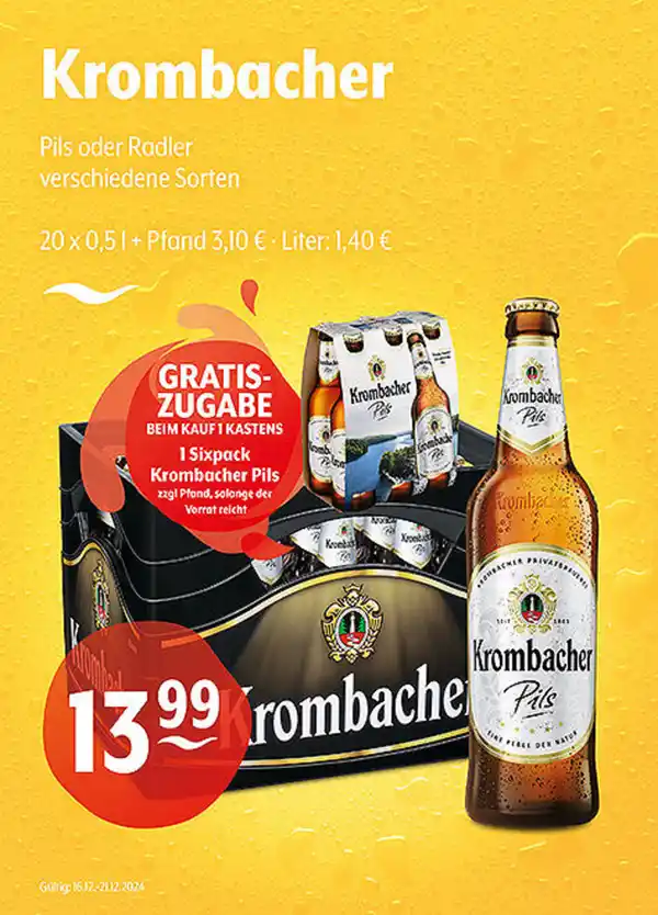 Bild 1 von Krombacher Pils oder Radler verschiedene SortenGratiszugabe beim Kauf eines Kastens: 1 Sixpack Krombacher Pils zzgl. Pfand, nur solange der Vorrat reicht