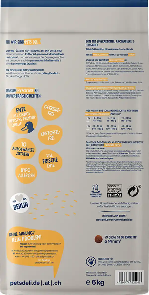 Bild 2 von Pets Deli Trockenfutter Hypocare Ente mit Süßkartoffel, Aroniabeere & Leinsamen, 6 kg