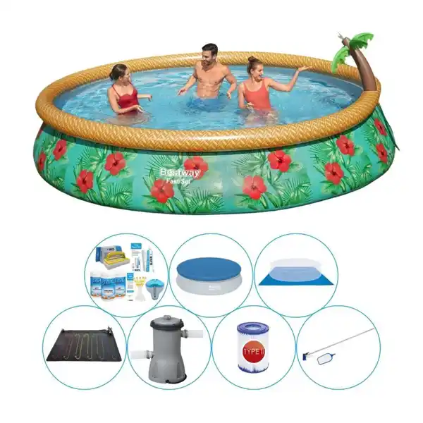 Bild 1 von Schwimmbadpaket - Bestway Fast Set 457x84 cm Rund - Tropische Blumen