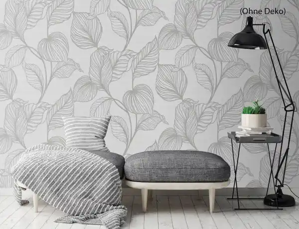 Bild 3 von Vliestapete Blätter Grau, Silber