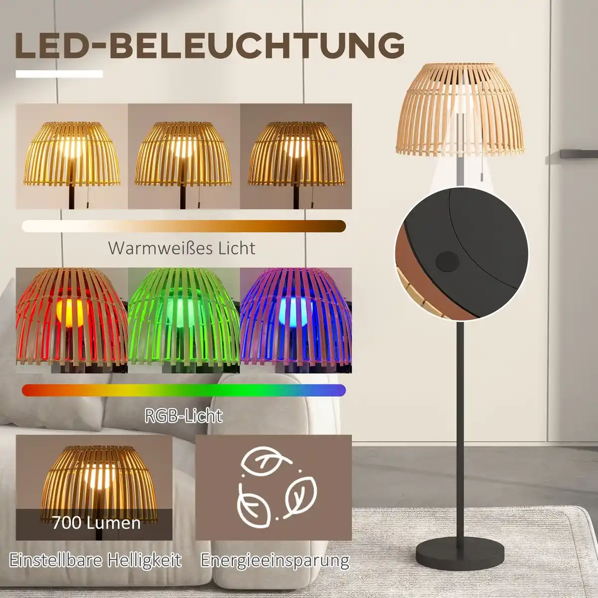 Bild 4 von Solar Stehlampe, Outdoor/Indoor, Bambusschirm, Alurahmen, Schwarz/Natur