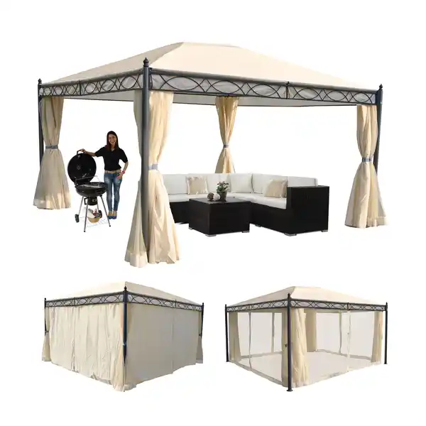 Bild 1 von Pergola Calpe, Garten Pavillon, stabiles 7cm-Gestell mit Seitenwand + Moskitonetz ~ creme 4x3m