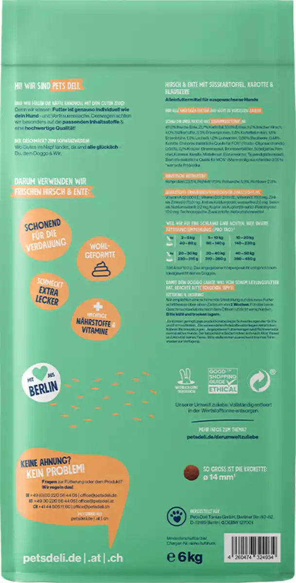 Bild 2 von Pets Deli Trockenfutter Ente & Hirsch mit Süßkartoffel, Karotte & Blaubeere, 6 kg